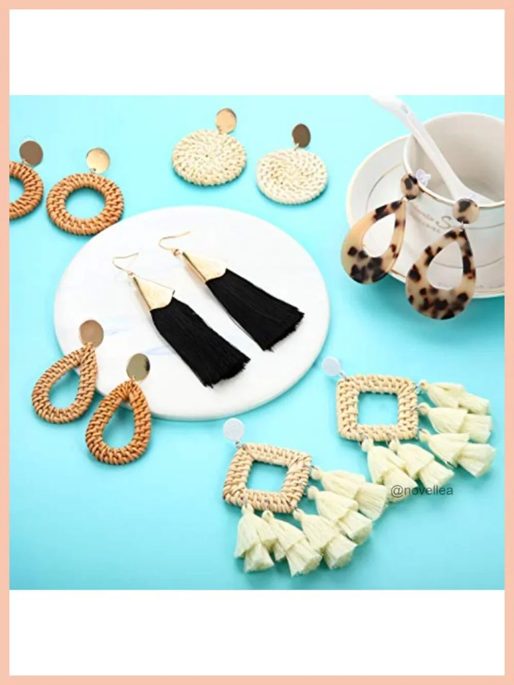 6 Pair Bohemian Rattan Straw Tassel Geometric Drop Dangle Earrings